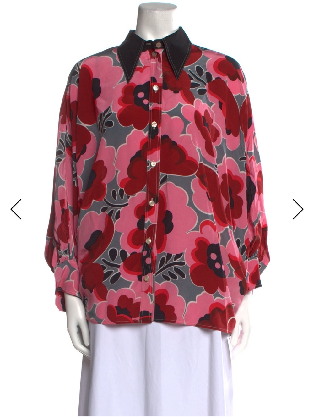 Gucci Pink and Red Floral Button-Down Shirt with Black Collar
